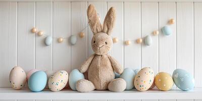 ai generado un foto presentando un adorable relleno Conejo metido en frente de un fila de pintado huevos. el Conejo es sentado aún, rodeado por vistoso Pascua de Resurrección decoraciones