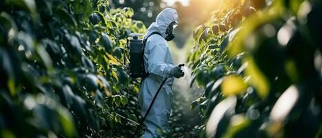 ai generado jardinero en un materiales peligrosos traje asiste a plantas a oscuridad foto