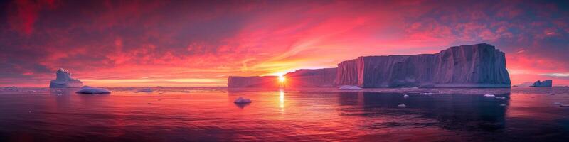 AI generated An iceberg floats gracefully in the ocean as the vibrant colors of the sunset paint the sky. The icebergs jagged edges contrast with the calm water photo