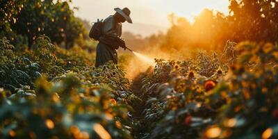 AI generated Silhouetted farmer sprays crops in golden light photo