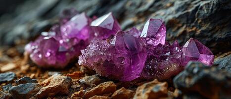 ai generado lustroso crudo amatista cristal racimos anidado entre rocas, mostrando su natural púrpura esplendor foto