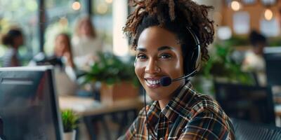 ai generado un mujer con un sonrisa en su cara es vistiendo un auriculares mientras sentado en frente de un computadora, probable en un cliente Servicio ajuste. foto