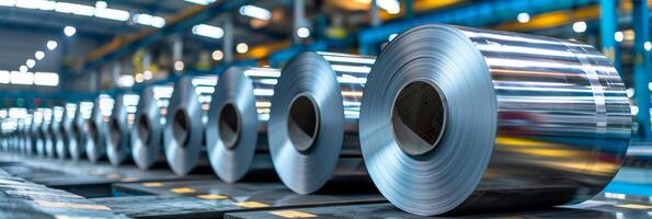 AI generated A line of steel rolls is seen in a factory setting, showcasing the industrial process of manufacturing. The rolls are neatly lined up, ready for production photo