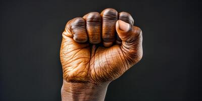 ai generado un foto exhibiendo un mans apretado puño en contra un rígido negro antecedentes. el imagen enfatiza fuerza, resiliencia, y determinación