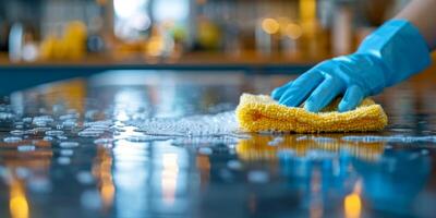 AI generated A person wearing yellow gloves is cleaning a table. The individual is focused and attentive, wiping down the surface diligently with a cloth photo