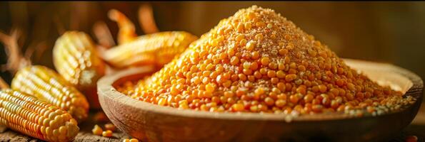 AI generated A wooden bowl sits on top of a table, filled with golden corn. Some ears still have husks partially attached, showcasing a rustic and wholesome image of farm-fresh produce photo