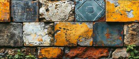 AI generated Wall of old, ornate tiles with peeling paint, showing patterns in various stages of weathering and decay photo