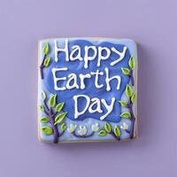 AI generated Happy Earth Day, the text on the blue and white sugar cookie photo