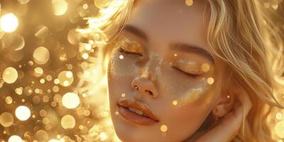 AI generated Fictional Blond Japanese Woman in a Gold Glittering Dress Against a Golden Glitter Background, Closed-Eyed Girl with Luxurious Blond Hair, Ideal for Advertising Product Design. photo