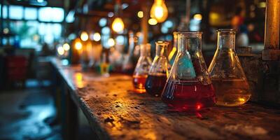 AI generated An array of Erlenmeyer flasks filled with colorful chemical solutions on a rustic laboratory bench photo