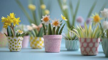 ai generado temática de primavera papel jardineras con césped y flores foto