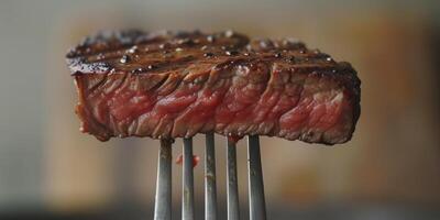 ai generado rebanadas de recién A la parrilla filete en un tenedor, vertical posición foto