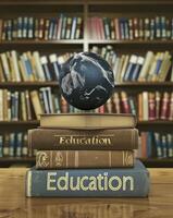 AI generated Books with the word Education on top features an earth globe. photo