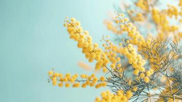 ai generado hermosa mimosa flores en un amarillo color en contra un cielo azul antecedentes foto
