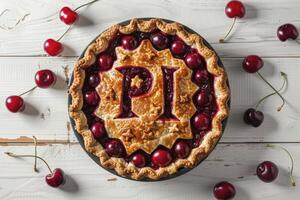 AI generated A cherry pie with the word PI photo