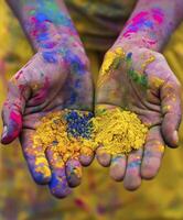 AI generated Two hands holding yellow powder during the Holi festival photo