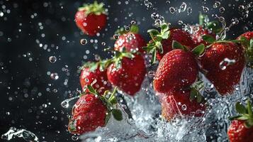 ai generado fresas y agua en el aire en un negro fondo, foto