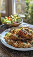 AI generated Chicken biryani on a white plate photo