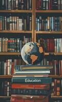 AI generated Books with the word Education on top features an earth globe. photo