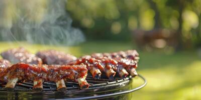 AI generated Sizzling BBQ Ribs, Close-Up of Barbecue Grill with Mouthwatering Ribs, Background Featuring a Blurry Green Lawn. Ample Space for Text on the Side. photo