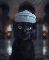 ai generado un negro gato vistiendo blanco kufi gorra, islámico fondo, eid Mubarak foto