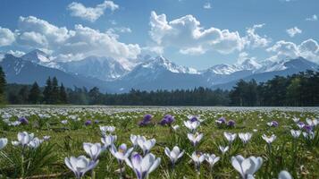 AI generated There is an endless sea of white crocuses blooming on green grassland in front of snowcapped mountains photo