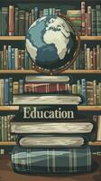 AI generated Books with the word Education on top features an earth globe. photo