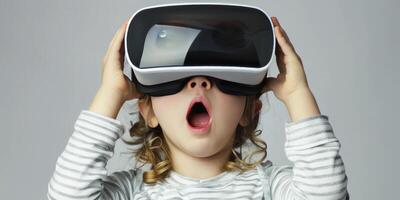 AI generated Youngster Wearing Large Modern Virtual Reality Glasses, Expressing Delight and Amazement photo