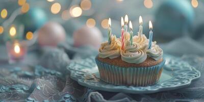 AI generated A Birthday Cupcake Decorated with Lit Candles Resting on a Blue Plate, Captured in Bokeh Panorama Style photo