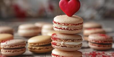 ai generado un apilar de macarons con un en forma de corazon macaron en parte superior foto