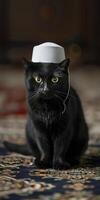 ai generado un negro gato vistiendo blanco kufi gorra, islámico fondo, eid Mubarak foto