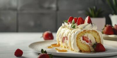 ai generado delicioso pastel rodar con fresas y crema en blanco mesa, de cerca, con jarabe, comida fotografía en un ligero antecedentes foto