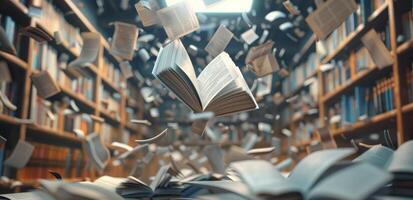 AI generated A book with open pages flying in the air surrounded by other books. photo