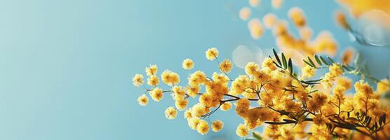 AI generated Beautiful mimosa flowers in a yellow color against a sky blue background photo