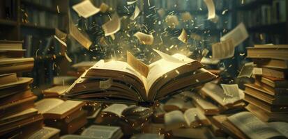 ai generado un libro con abierto paginas volador en el aire rodeado por otro libros. foto