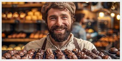 ai generado un hombre con un radiante sonrisa es visto participación un caja de chocolates en un almacenar. el hombre aparece a ser un barbado chocolate artesano, exhibiendo su hecho a mano chocolates a potencial clientes foto