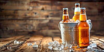 ai generado el imagen muestra un mesa coronado con varios botellas de cerveza metido siguiente a un pila de hielo cubitos foto