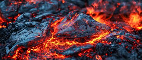 AI generated Close-up of bright, molten lava flowing between hardened volcanic rocks, exhibiting nature's raw power photo
