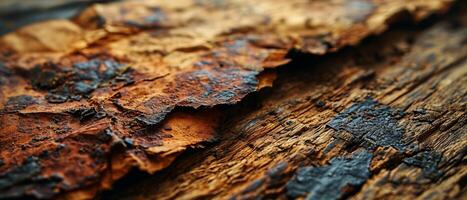 AI generated Close-up of weathered tree bark peeling off to reveal the intricate textures and patterns of aged wood photo