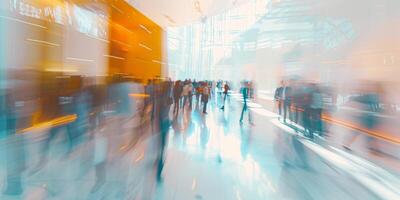 AI generated This photo captures a blurry scene of people walking through a bustling building, showcasing movement and activity within the urban environment.