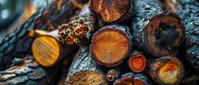 AI generated A vibrant pile of freshly cut firewood logs displaying a spectrum of colors and detailed wood grain textures photo