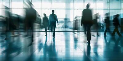 AI generated The image shows a group of individuals moving through an airport terminal. They are carrying luggage and navigating through the bustling airport environment photo