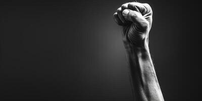 AI generated This black and white photo captures a powerful fist clenched tightly. The contrast between light and dark highlights the strength and determination conveyed by the clenched hand