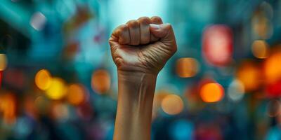 ai generado un fuerte y poderoso imagen de un persona levantamiento su puño en el aire, simbolizando desafío y protesta. el gesto exuda empoderamiento y determinación foto