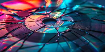 AI generated An array of broken CDs reflecting vibrant, iridescent colors, showcasing a beautiful play of light on shattered surfaces photo