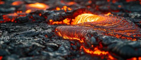 ai generado de cerca de brillante, fundido lava fluido Entre curtido volcánico rocas, exhibiendo de la naturaleza crudo poder foto