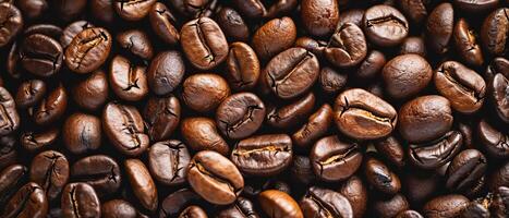 AI generated Close-up image capturing the rich textures and dark tones of freshly roasted coffee beans, with a focus on their glossy surfaces. Freshly Roasted Coffee Beans photo
