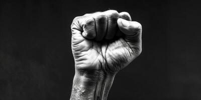 AI generated This black and white photo showcases a powerful fist raised in the air, symbolizing strength and determination. The contrast adds to the impact of the image