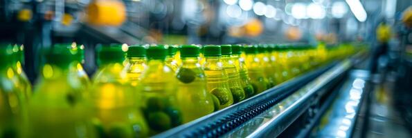 ai generado un línea de limonada botellas Moviente a lo largo un transportador cinturón en un bebida fábrica. el botellas son siendo fabricado y empaquetado para distribución foto