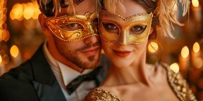 AI generated Sophisticated couple dressed in elegant evening attire wearing ornate golden masquerade masks with feathers, posing in a dimly lit ambiance. photo